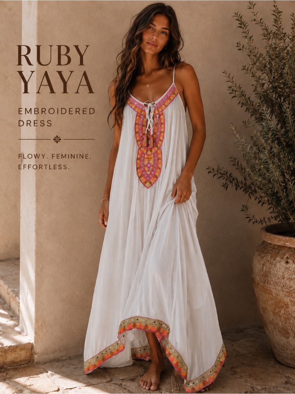 Ruby Yaya White Embroidered Mirror Tassel Handkerchief Hem Maxi Dress M